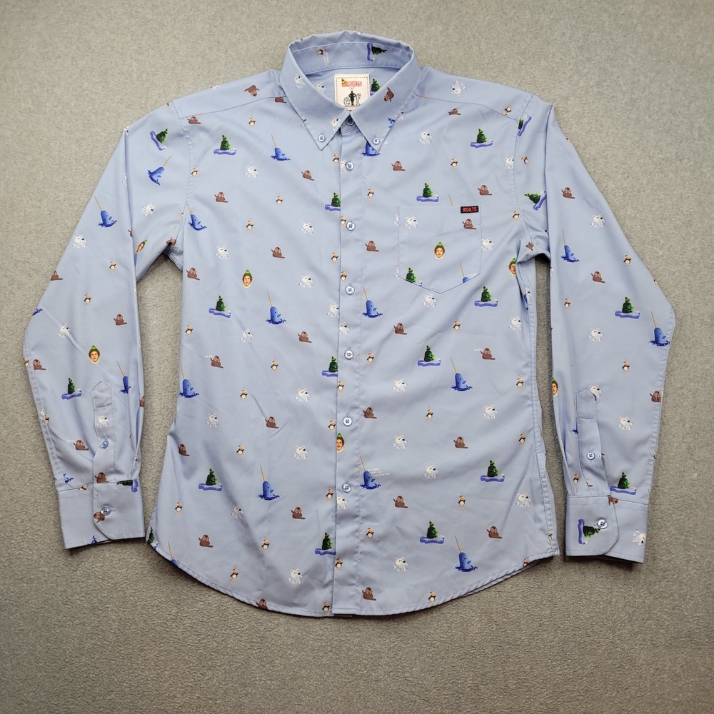 RSVLTS Elf Button Down Shirt Mens Large Blue Bye Buddy KUNUFLEX Long Sleeve